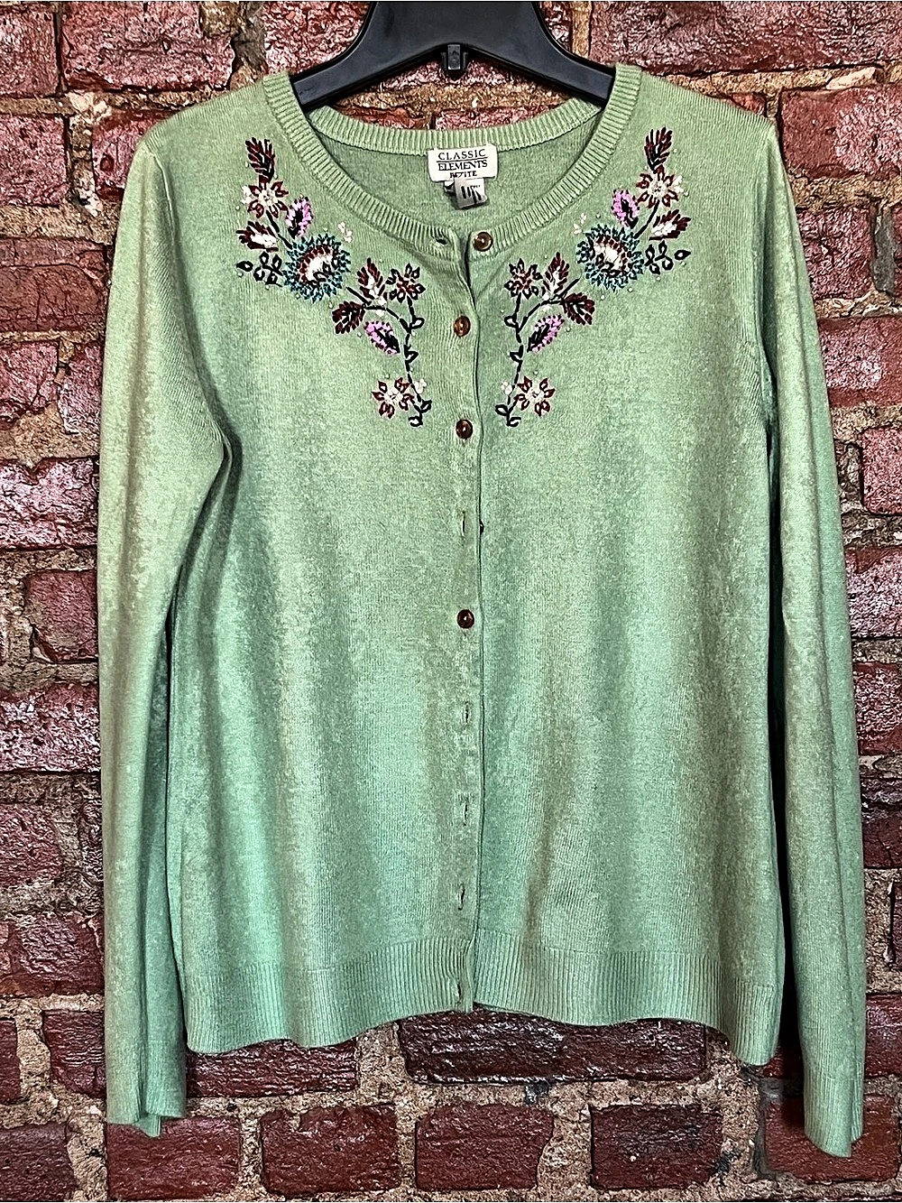 Vintage Classic Elements Floral Embroidered Cardigan green Size S/M petite new